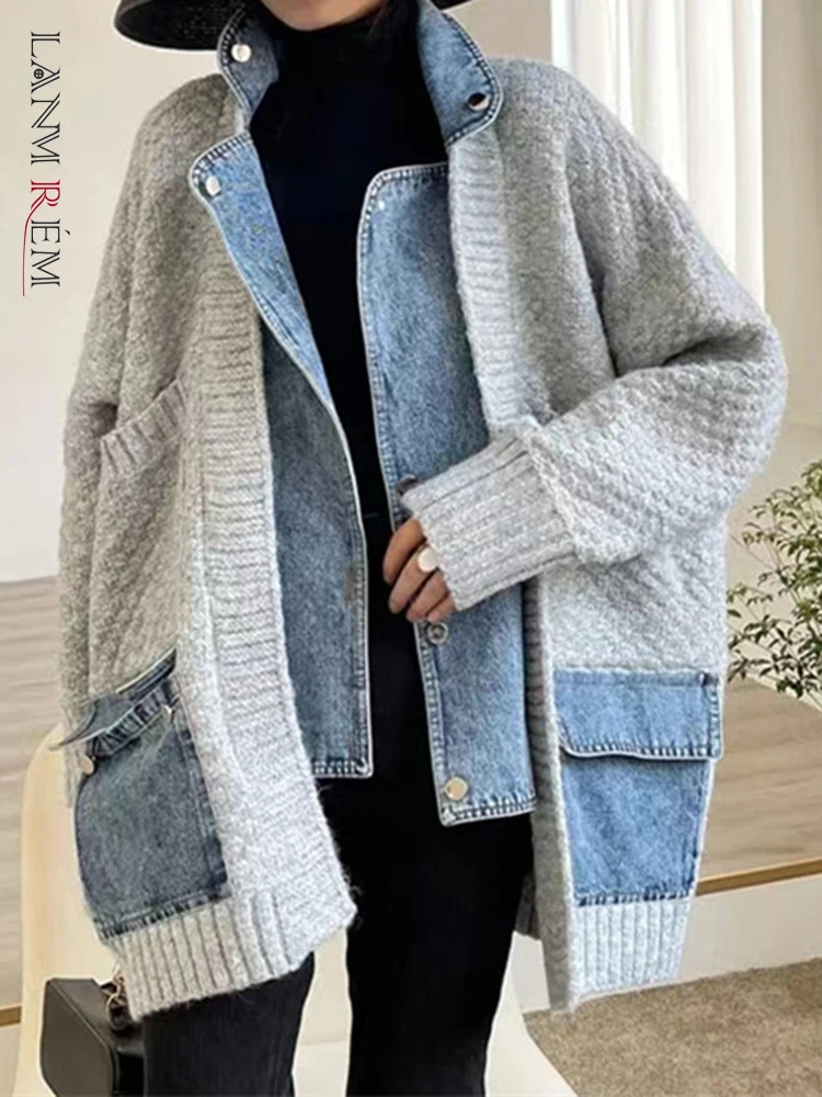 LANMREM Denim Patchwork Knitted Sweaters Women Single Breasted Loose Irregular Cardigan Female Clothing Autumn Winter 2DA9204