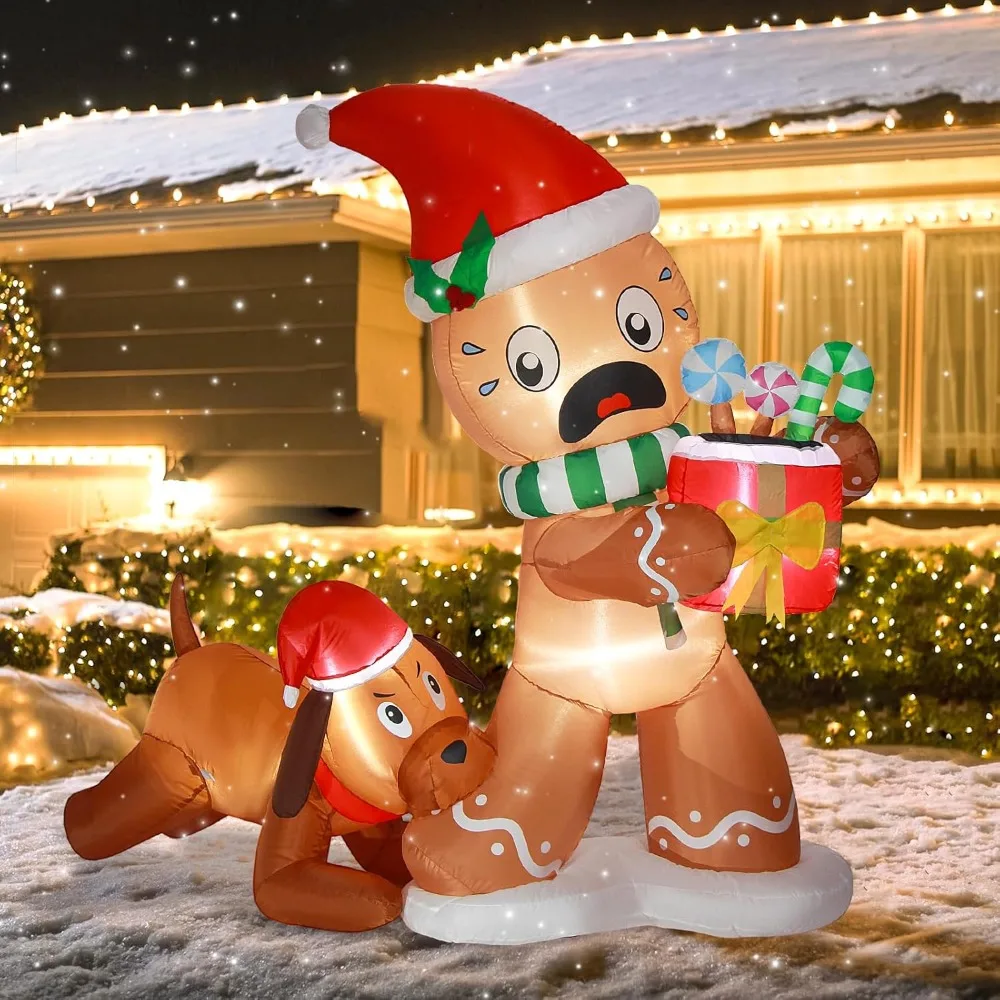 

5FT Christmas Inflatable Gingerbread Man & Dog Outdoor Decoration, Christmas Funny Blow Up Yard Decoration, Built-in LED Lights