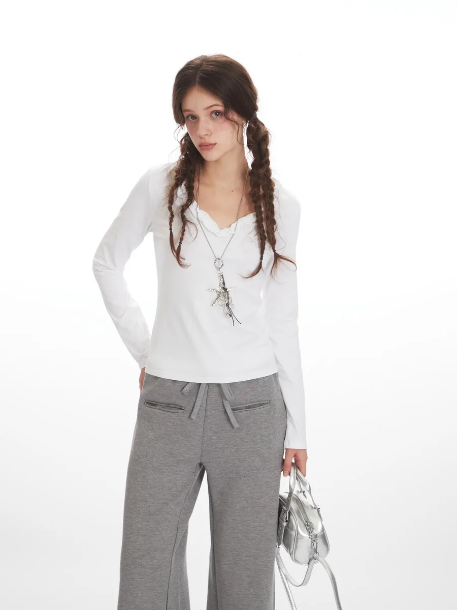 

Lace Collar Vneck Cotton Bodywear Fitness Long Sleeve Slim Fit Office Elegant Tops for Women Girls Inner Tshirts Winter Trending