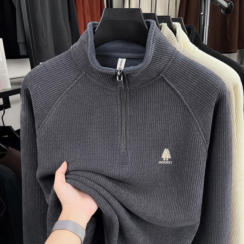 

Suéter De Cuello De Terciopelo Para Hombres Con Textura De Rayas De Invierno Engrosada Suéter De Fondo De Terciopelo Integrado