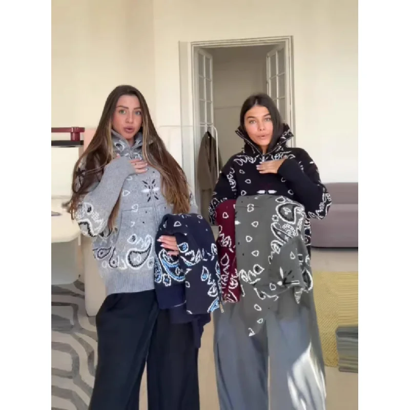 

Fashion Printed Knitted High Neck Cardigan Women Solid Full Sleeve Zipper Loose Sweater Female Autumn Chic Casual Knitwear