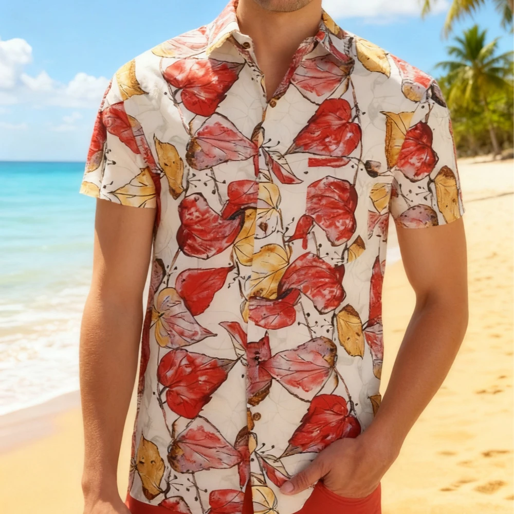 

Summer Men's Short Sleeve Shirt Loose Fit Casual Thin Breathable Fabric with Multi Color Leaf Print