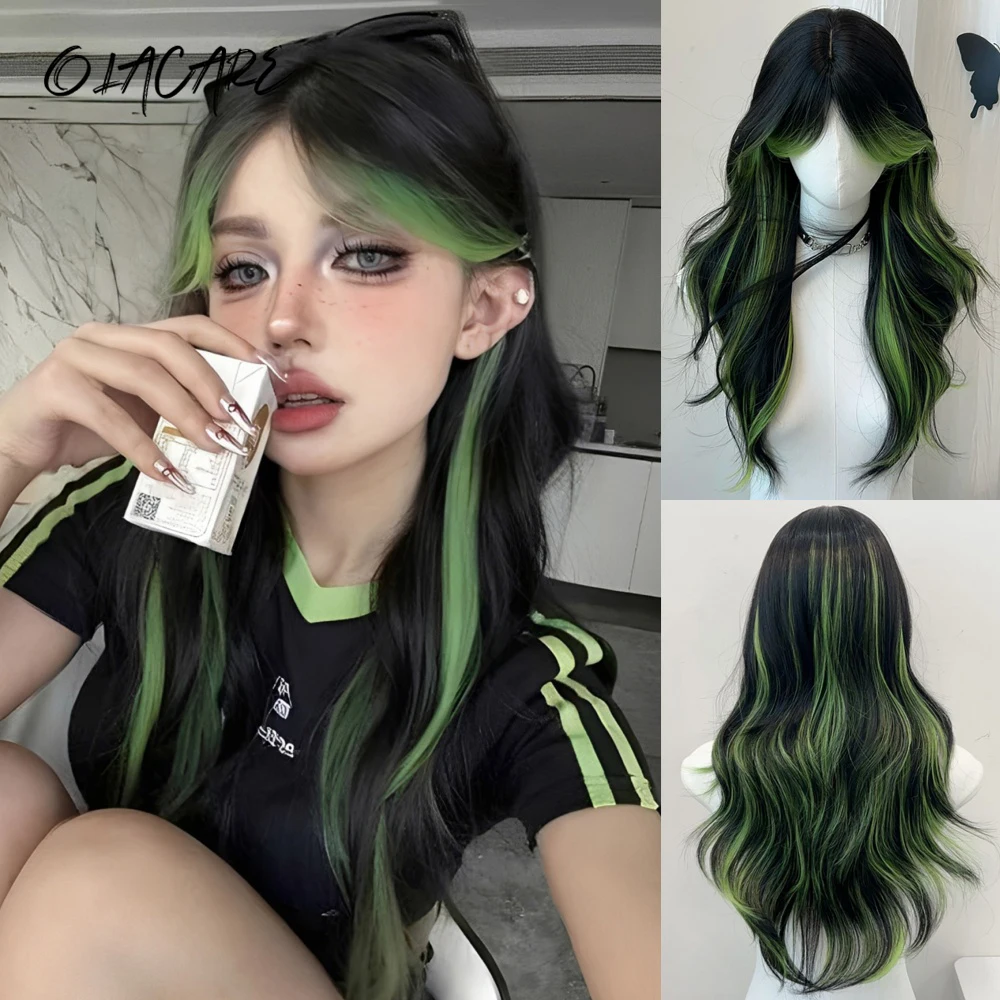 OLACARE Black Ombre Green Layered Long Wavy Synthetic Wig Lolita Cosplay Women Fluffy Heat Resistant Wig for Daily Party