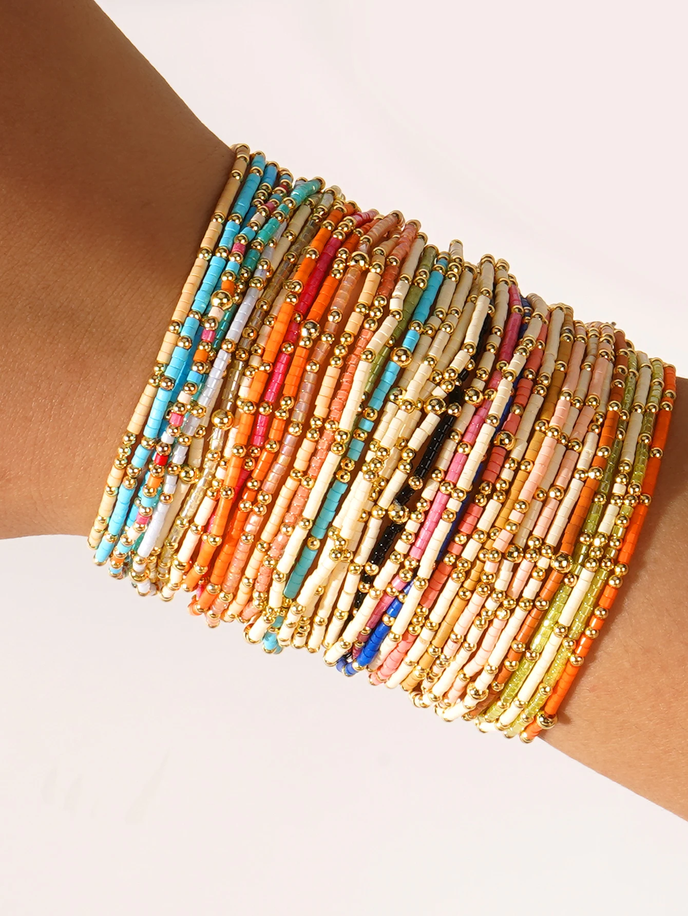 3pcs Summer Bohemian Style Colorful Rice Beads 2mm Copper Beads Stacked Beaded Bracelet