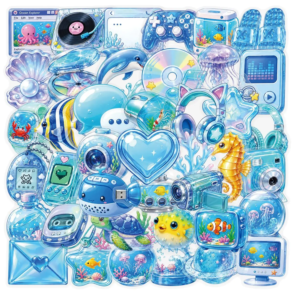 50 PCS Blue Electronic Y3K 3D Effect Transparent Stickers Pack Decorate Computer Desk Phone Speaker Waterproof Stationery Decals