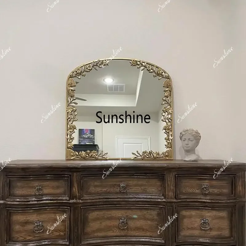 French vintage makeup mirror, classic carved gold court-style entryway mirror