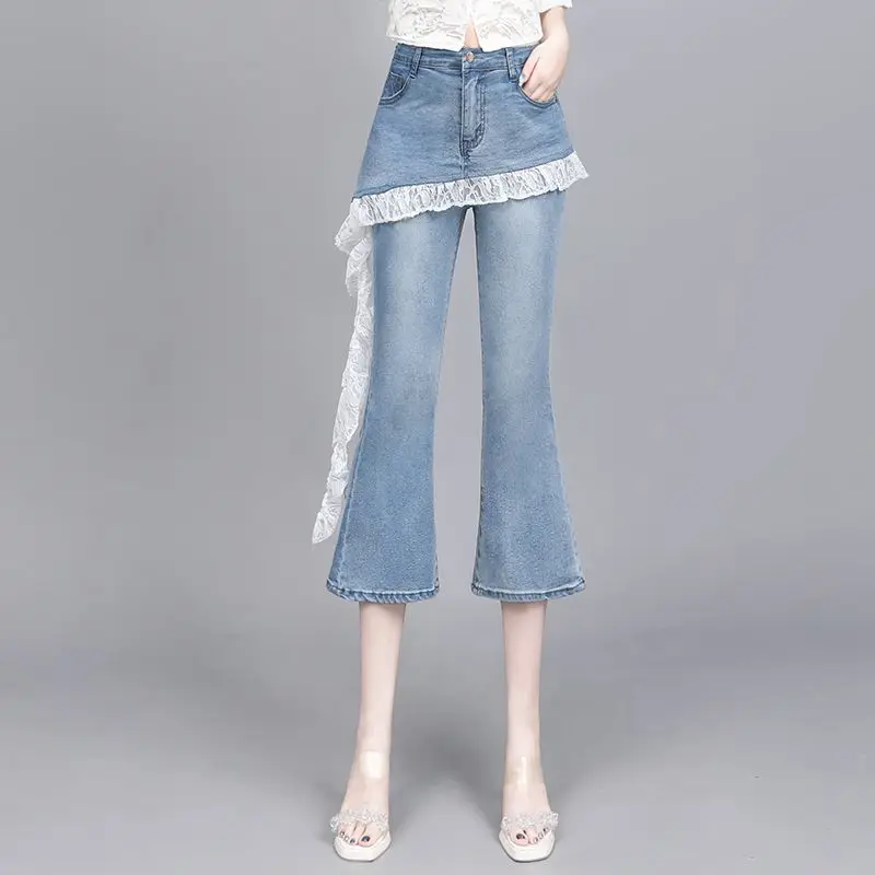 Lace Slightly Spliced Seven-point Jeans 2026 New Fake Two-piece High-waisted and Thin Summer Pants