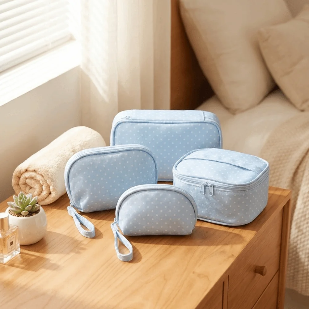Cute Polyester Polka Dot Makeup Bag Light Blue Multi Size Cosmetic Pouch Checkered Zipper Wash Bag Portable