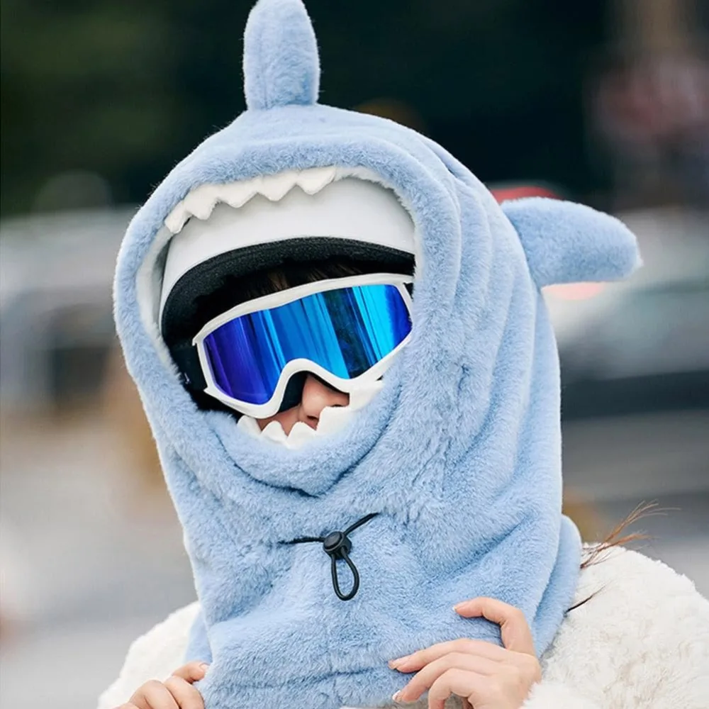 Cute Cartoon Shark Mask Neck Union Hat Windproof Warm Skiing Cap Scarf Soft Fleece Thickening Neck Warmer Winter