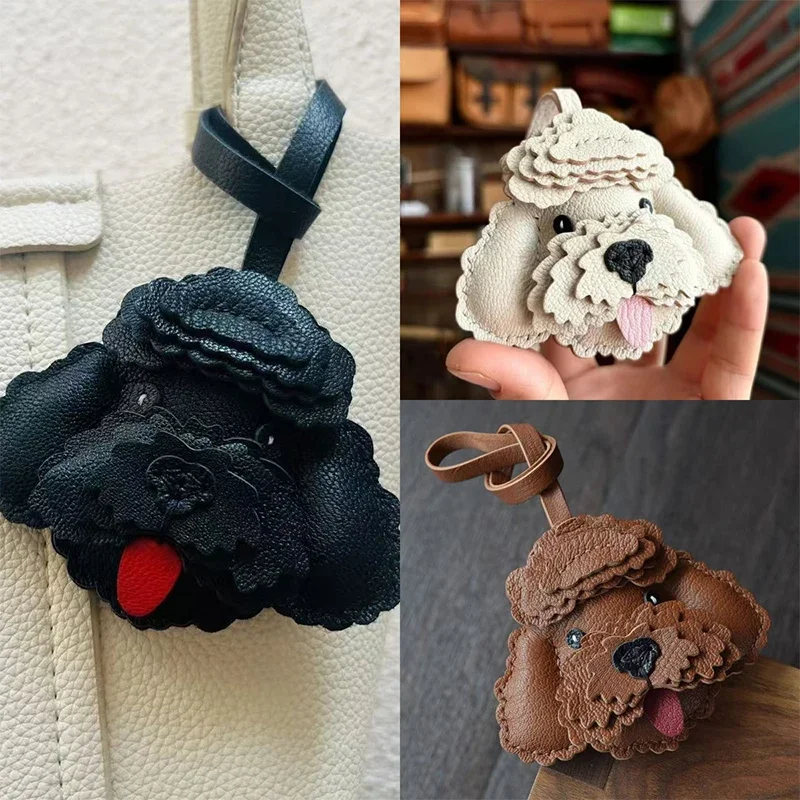 

Handmade Genuine Leather Cute Puppy Bag Keychain Bag Pendant Car Key Ring For Women Bag Charm DIY Accessories Couple Lover Gift