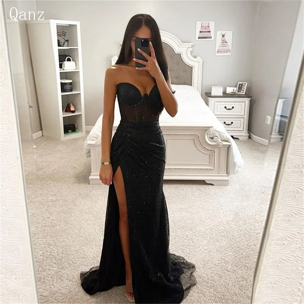 

Qanz Luxury Black Evening Dresses Shiny Sparkly Tulle High Leg Slit Pleat Formal Occasion Dresses Mermaid Sexy Vestidos De Festa