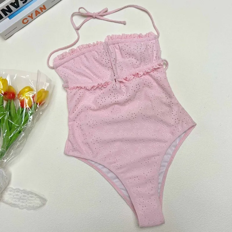 

sexy hollow out plain swimsuits one piece ruffles halter tie bikinis Swimwear bathing suit beach outfits bodysuits biquini