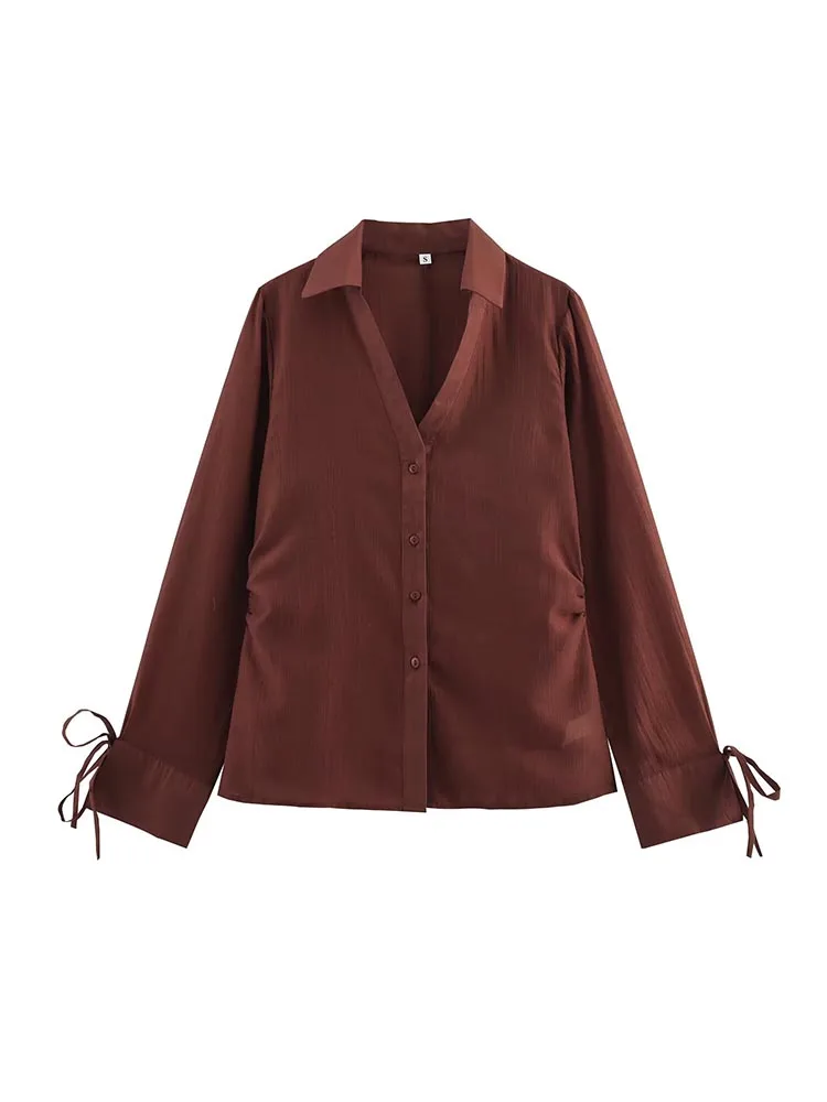 

2025 Women Summer Shirts Blouses Tops Fashion Solid Pleated V-Neck Bow Thin Female Elegant Street Top Clothing