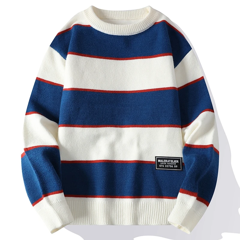 

Мужской вязаный свитер осенне-зимний, новый, в корейском стиле, универсальный, в полоску, повседневный, для пар, модный, из пряжи, с высоким воротником, длинный рукав