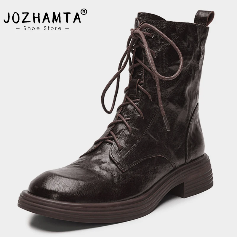 

JOZHAMTA Size 33-40 Women Ankle Boots Retro Genuine Leather Lace-Up Thick Heels Shoes Fall Winter Short Booties Casual Office