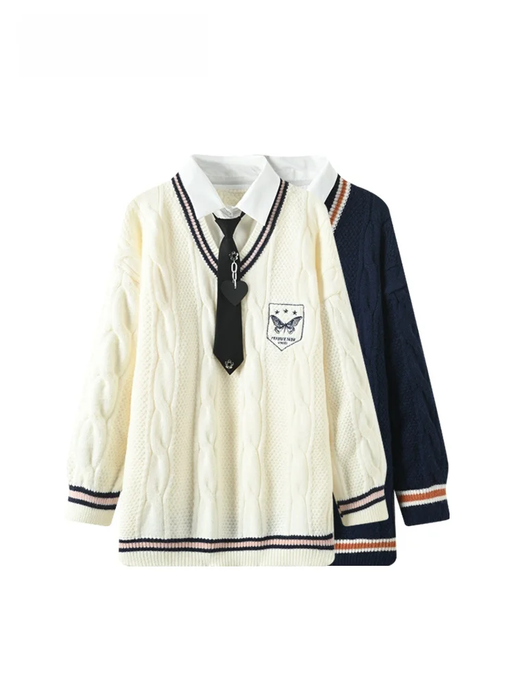 

plus Size Ne Long Sve Knitted Sweater Women Spring New Sle Versatile Fake Two-Piece Top Sweet Sle Polyester Fiber