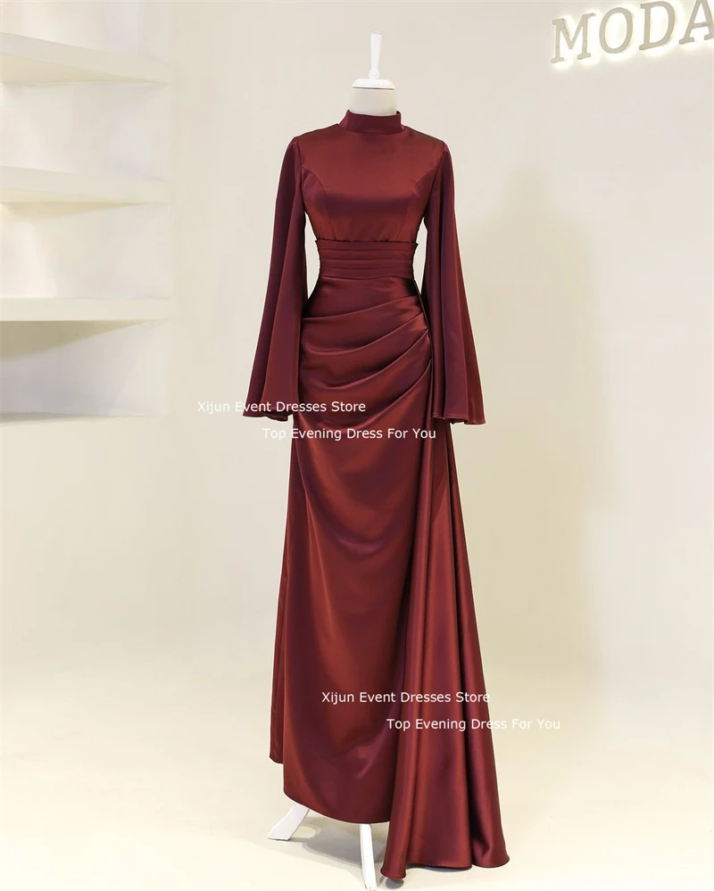 Xijun Modest Elegant Evening Dresses Muslim Moroccan Kaftan Prom Dresses High Collar Full Sleeves A-Line Prom Gowns Dubai Women