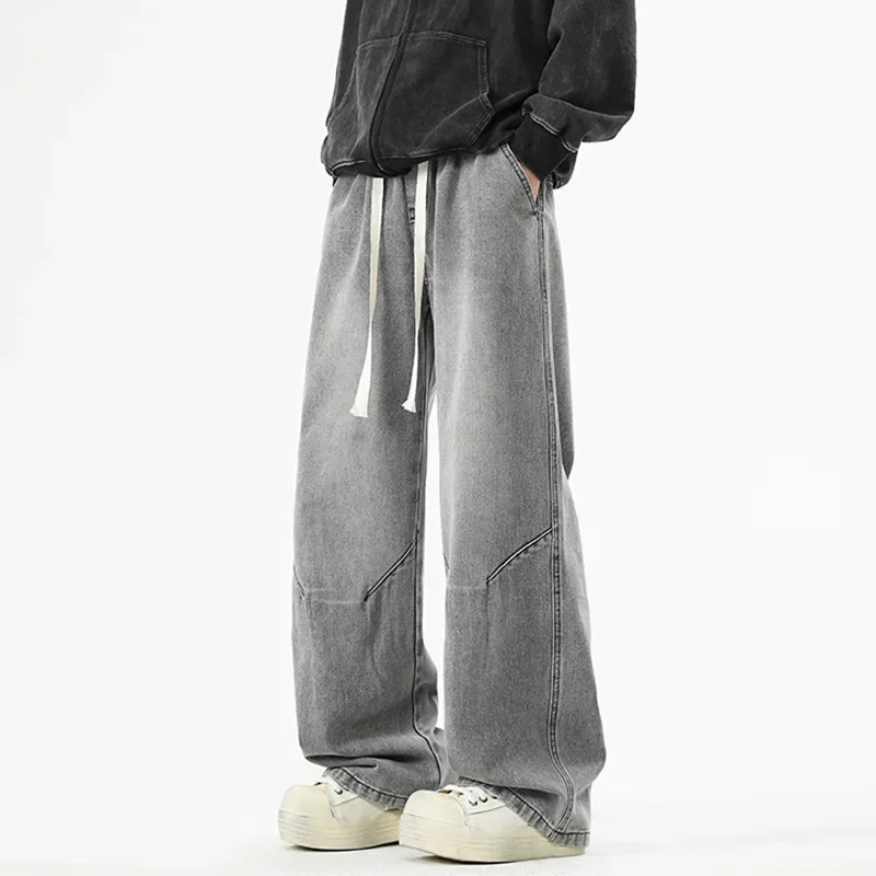 Celana Jeans Pria Model Vintage Amerika, Warna Solid, Kasual Trendy, Kaki Lebar, Longgar, Lurus, Dasar Sederhana