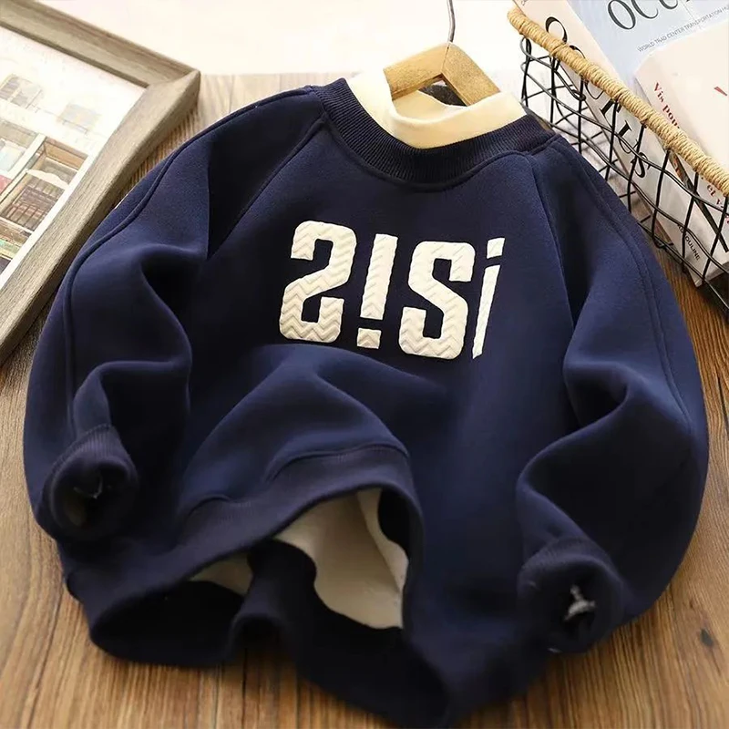 Autumn Winter Warm Hoodies For Boys New Thicken Plus Velvet Sweatshirts Fashion Letter Pullover Tops for 3-10 Years Kids