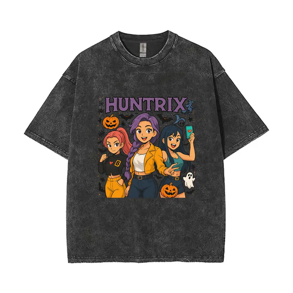 

Kpop Demon Hunters Rumi Mira Zoey Vintage Washed T Shirts Men Women Happy Halloween T-shirt Male Fashion Oversized Streetwear