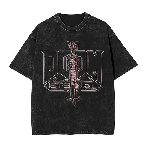 Imagen 1 del producto Camiseta lavada de juego oscuro, ropa de calle, camiseta Doomguy Dooms Eternal Slayer Cacodemon, camisetas para hombres, 100% algodón con estampado con dibujo de gran tamaño