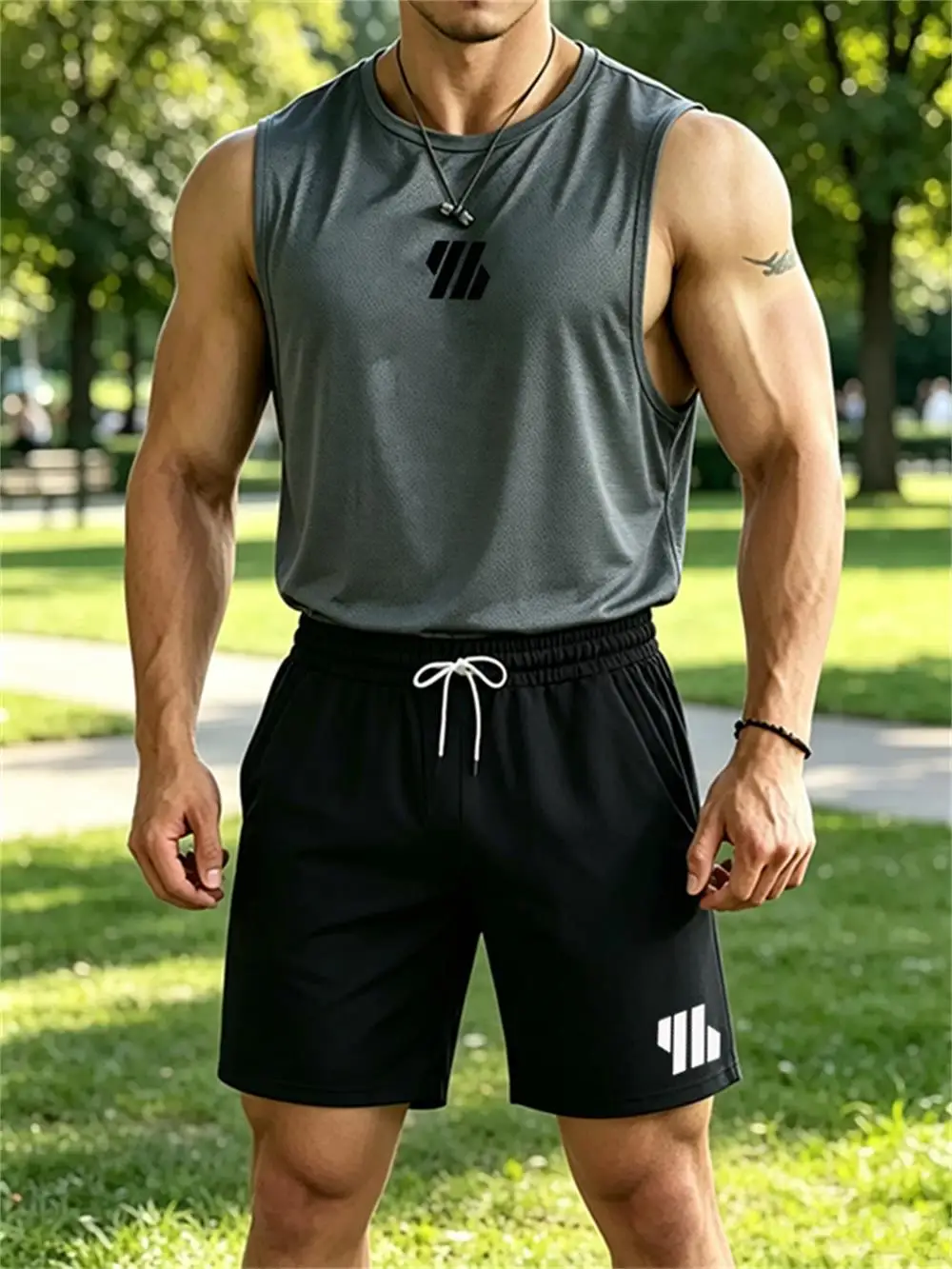 2026 new Men's Brand Vest Two-piece Fitness Running Sportswear Fashionable Printed Round Neck Vest/Breathable Shorts Sets - view 3
