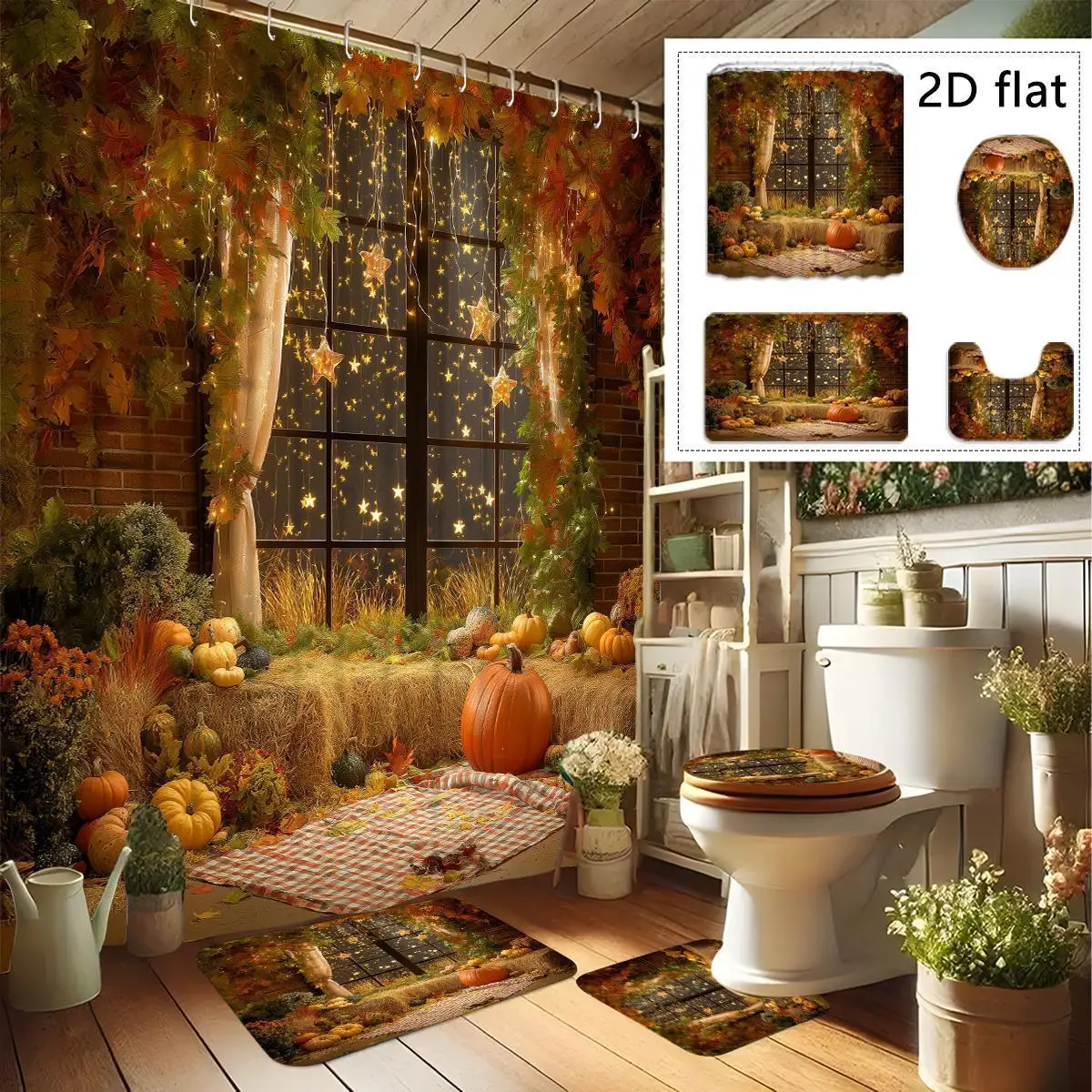 2D Flat, 2D Flat, 4pcs Autumn Pumpkin Leaf Glass Pattern Shower Curtain Set, Dry And Wet Separation Bathroom Four-Piece Set, 2D Flat Home Decoration Shower Curtain with 12 Shower Curtain Hooks, with Non-Slip, Toilet U-Shaped, Toilet Lid