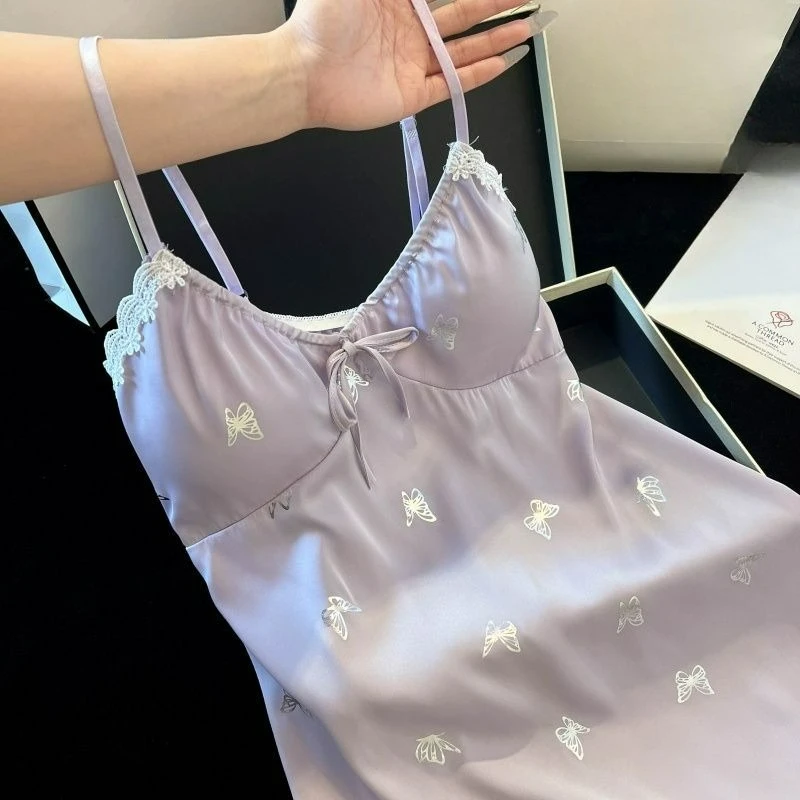 Ice Silk Chest Pad Butterfly Suspender Silver Butterfly Nightdress Summer Pajamas Sexy Loungewear New Nightdress with Chest Pad