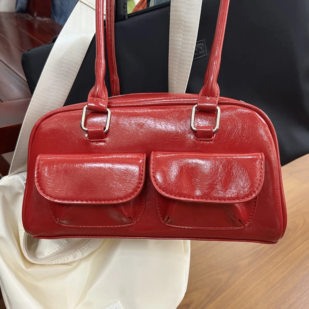 PU Leather Solid Color Handbag Multiple Pockets Large Capacity Tote Bag Korean Style Niche Underarm Bag Simple Hand-held Bag