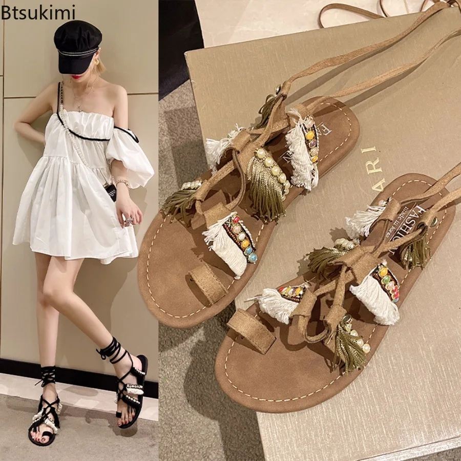 

2024 Summer Boho Style Flat Sandals for Women Fashion Comfy Soft Soled Flip Flops Lace Up Sandals Color Block Casual Shoes Femme