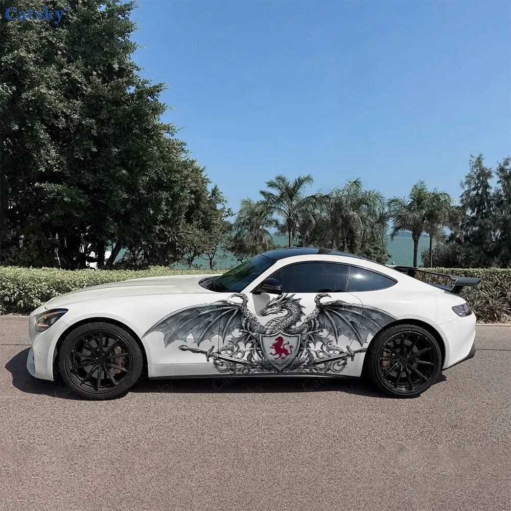 2PCS Scroll Shield Emblem Dragon Car Side Wraps, Self-Adhesive PVC Waterproof & Scratch-Resistant Stickers, Car Accessory Gift