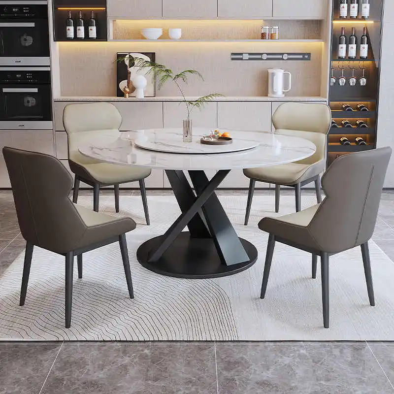 Light Luxury Glossy Sintered Stone Top Dining Table Stainless Steel Legs Modern Circular Dining Set for Small Units