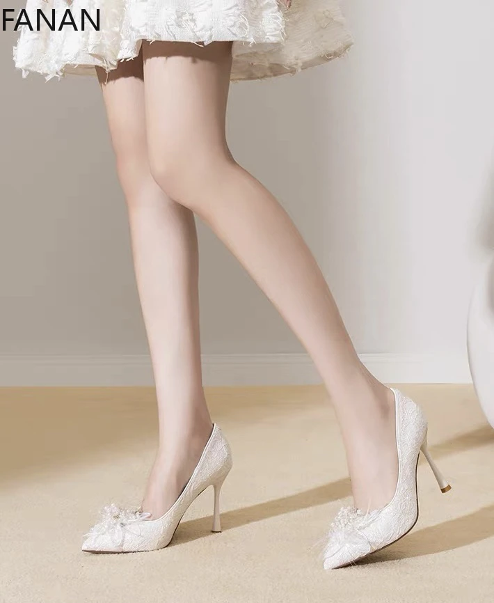 أحذية الزفاف ريشة اللؤلؤ عالية الكعب النساء 2025 جديد متقدم التطريز مأدبة العروس المشاركة حذاء مضخات #4