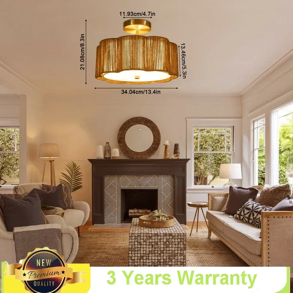 

Bymaocar 3-light Rustic Semi Flush Mount Ceiling Light E26 Rattan Flower-shaped Shade Fixture Indoor Lamp Wall Switch Control