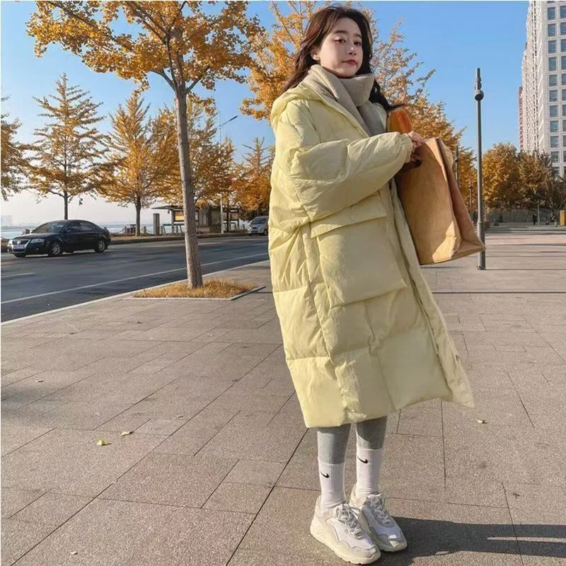 Winter 2024 New Fashion Thickened Loose Cotton-padded Coat Women's Winter Clothes Warm Over The Knee Long Coat Hooded Padded Top