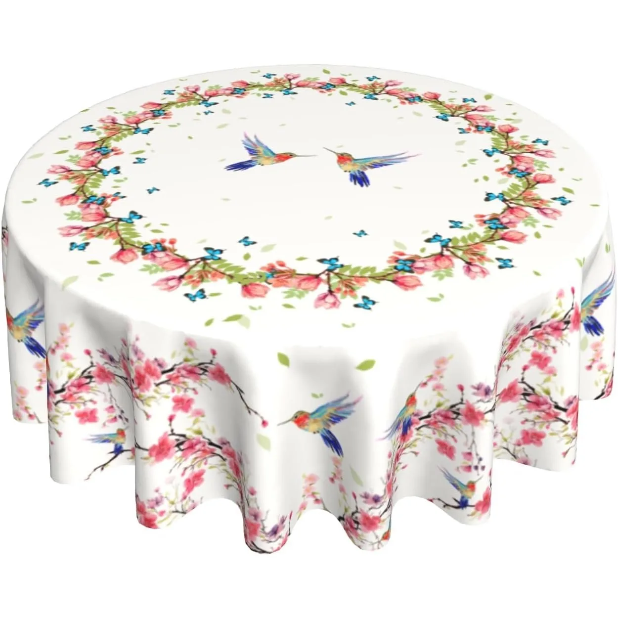 Runde Tischdecke mit Kolibri-Motiv, 152,4 cm, bunte Blumenvögel, Falten, hitzebeständige Tischdecke für Küche, Esszimmer, Bauernhaus-Dekoration