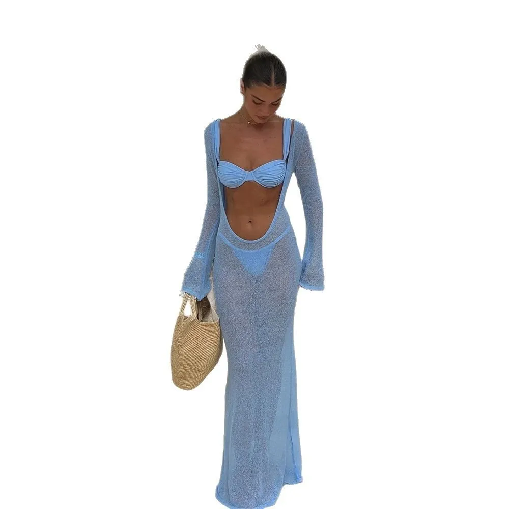 Women Bikini Solid Light Blue Ruched Bust Bikinis Women's Two-piece Swimwear Long Sleeve Cut Out Waist Two Piece Swimsuit