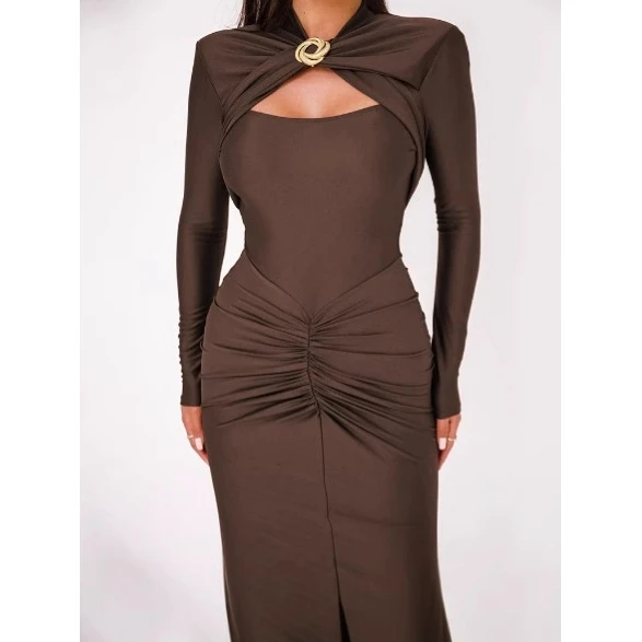 Sexy Schlank Lange Sve aushöhlen Dr Reine Farbe Abendkleid für Frauen Hohe Taille Polyester Stoff Herbst Neue Sle