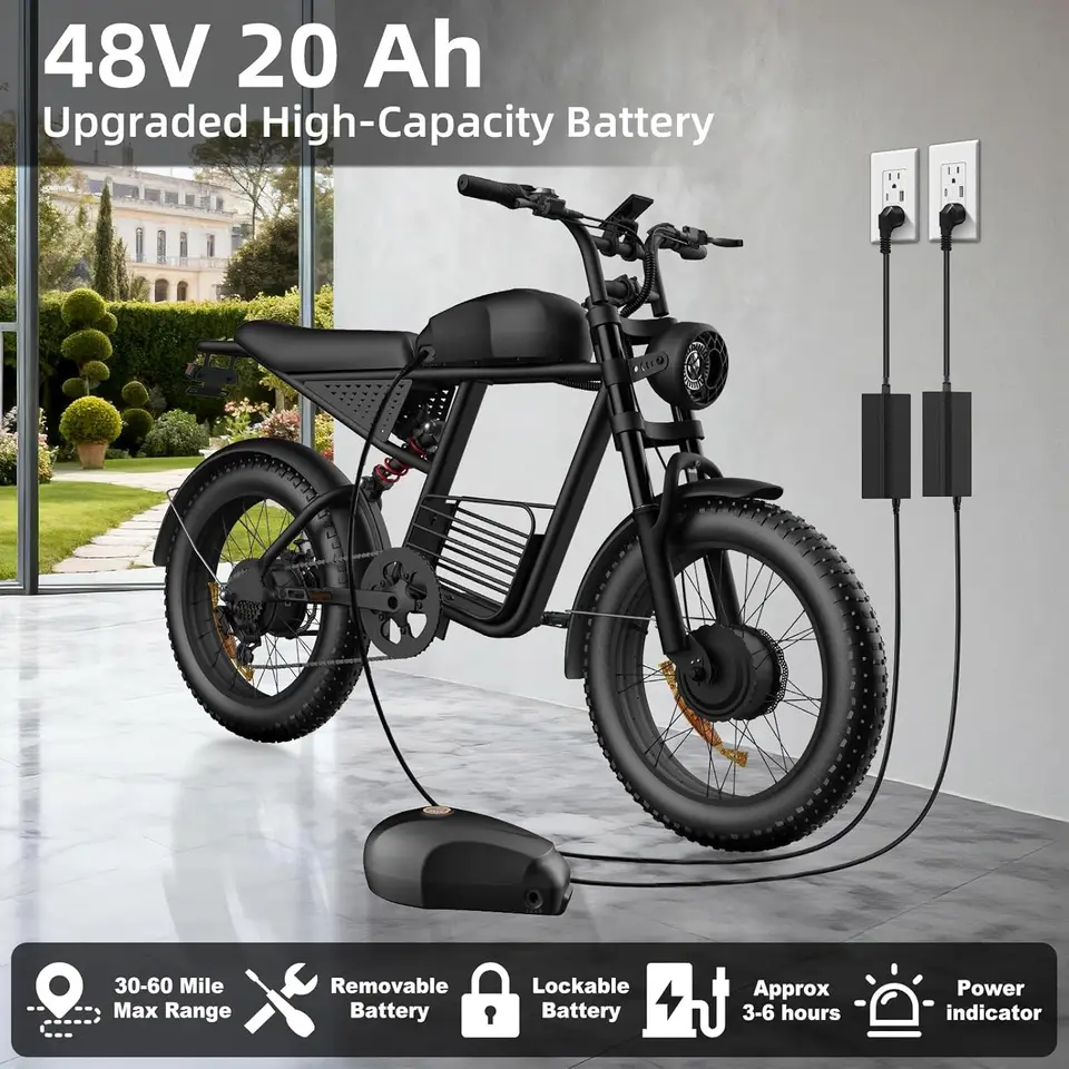 Electric Bike for Adults, 48V1600W/3000W Dual Peak Motor, 35-38 mph Top Speed, Max 50-60Miles,20"×4.0" Fat Tires, 7-Speed Shiman image 6