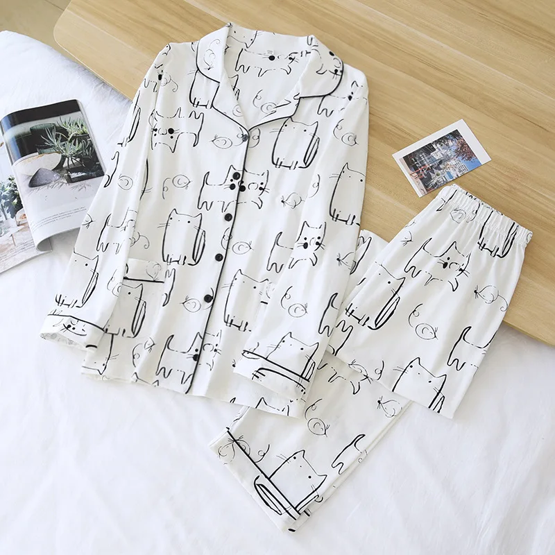 2024 spring and autumn long-sleeved trousers ladies pajamas two-piece 100% cotton cartoon home service sweet home service suit