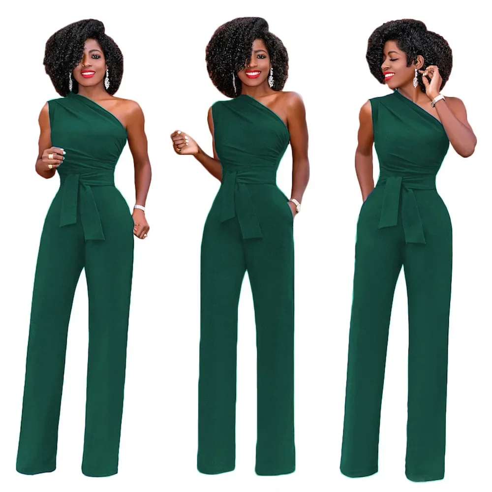 Women's Jumpsuit Solid Skew Collar Crop Top Straight Pants Belt Sexy  Sleeveless Loose Pants Elegant Charming Playsuits 2022