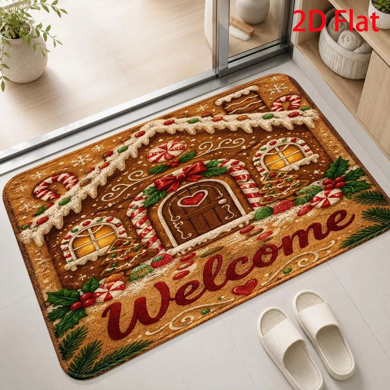 Gingerbread House Candy Cane Holiday Doormat Red Bow Green Holly Script Welcome Print Non Slip Indoor Entrance Rug