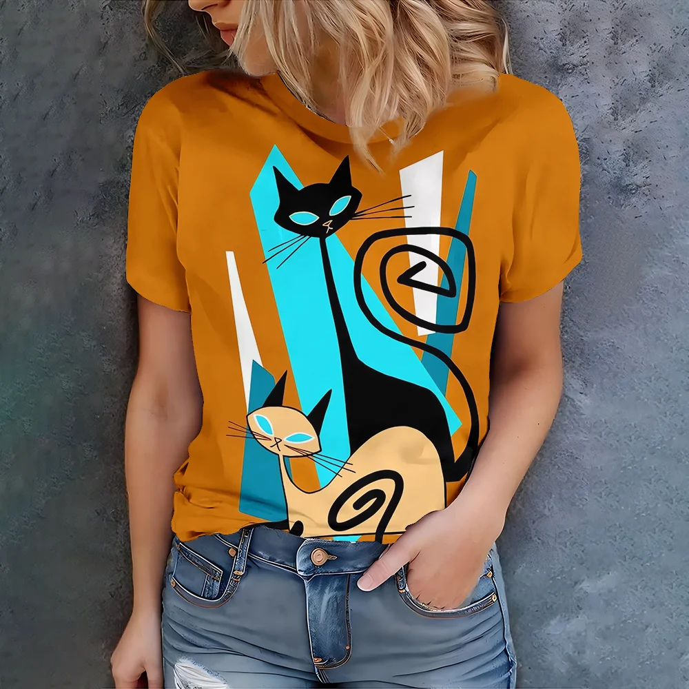 

Colorful Abstract Cat Pattern Women's Orange T-shirt - Modern Art Casual Style Summer Round Neck Short Sleeve