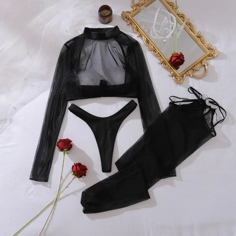 Sexy Long Sleeve Lingerie Sets Sheer Mesh See Through Sexy Tops Naked Women Underwear Uncensored with Fancy Stocking Exotic Set