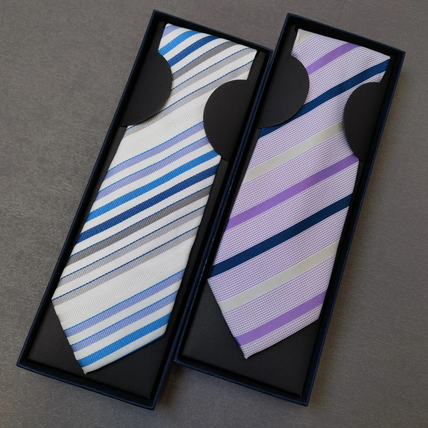 핫세일 클래식 8cm 실크 100% 타이 스트라이프 퍼플 블루 넥타이 (박스 포함) 남성 정장 액세서리 웨딩 직장 선물