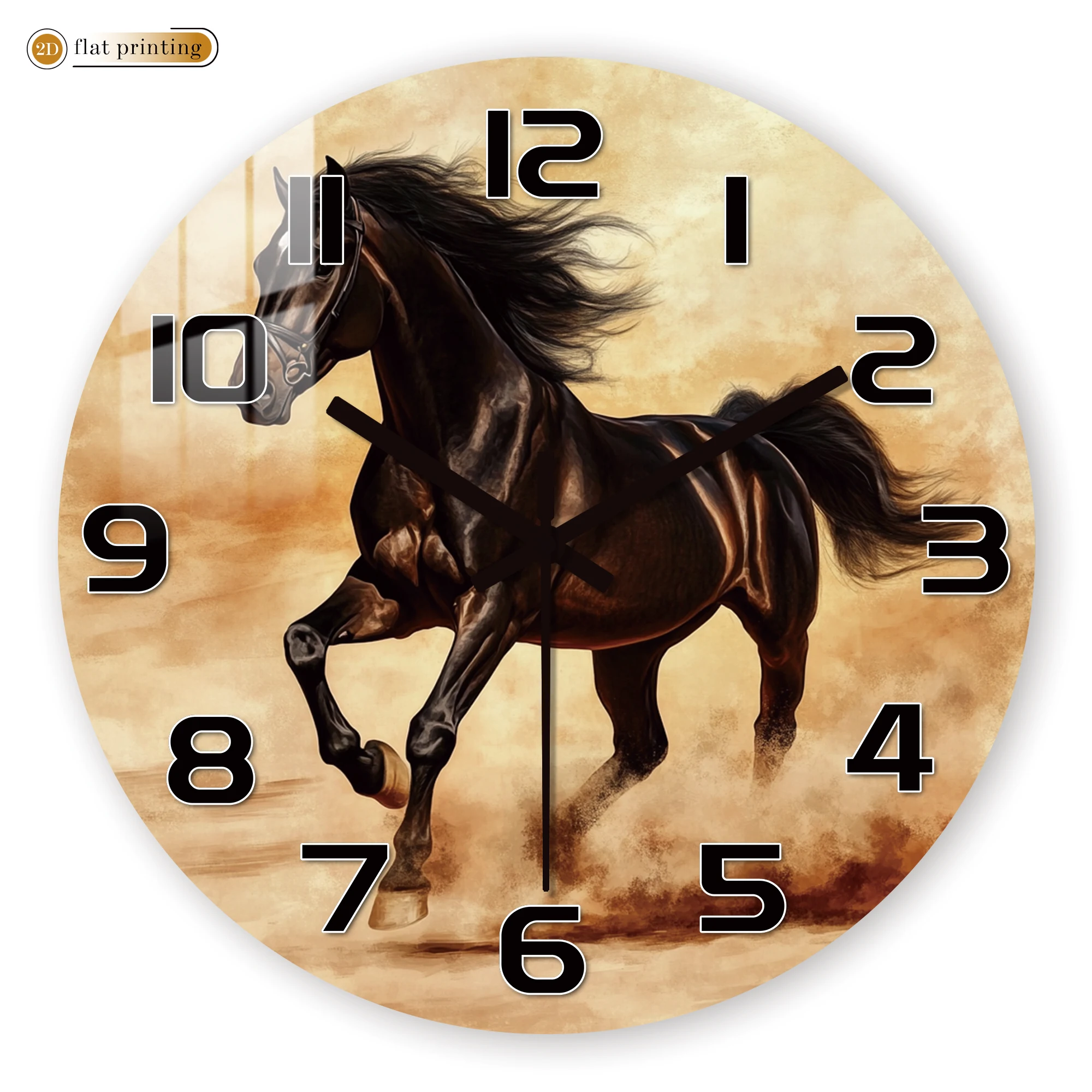 Galloping Black Horse 2D Flat Printed Wall Clock, Silent Quartz Movement Decor Clock for Office Study, Dynamic Animal Art Timepi