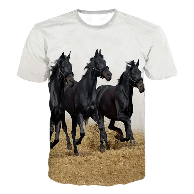 موضة الحصان الجرافيك تي شيرت للرجال الصيف طاقم الرقبة قصيرة الأكمام ثلاثية الأبعاد الحيوانات المطبوعة تي شيرت فضفاض الشارع الشهير الاطفال تيز القمم
