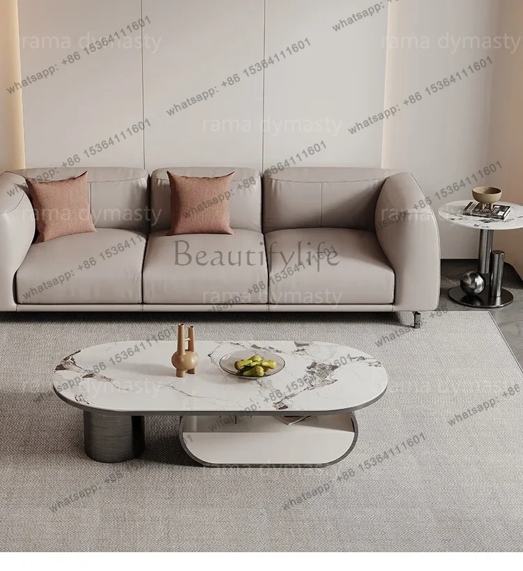 

Living Room Household Simple Coffee Table Small Household Light Luxury Stainless Steel Oval Rock Plate Storage Coffee Table