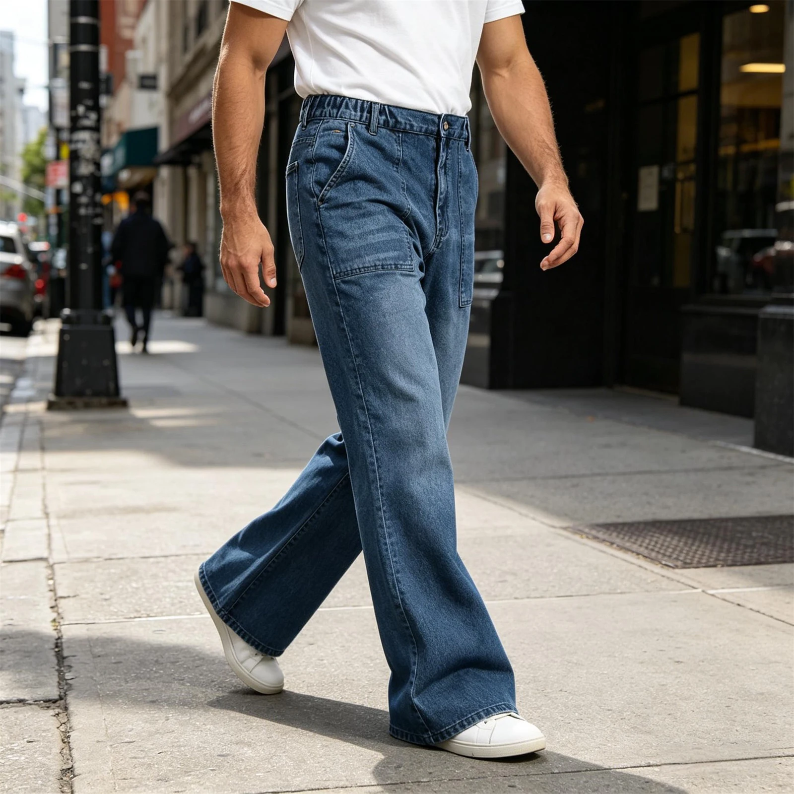 Men's Y2k Vintage Denim Flare Long Pants Fashionable Casual Solid Color Elastic Waist Bell Bottom Jeans with Front Pockets