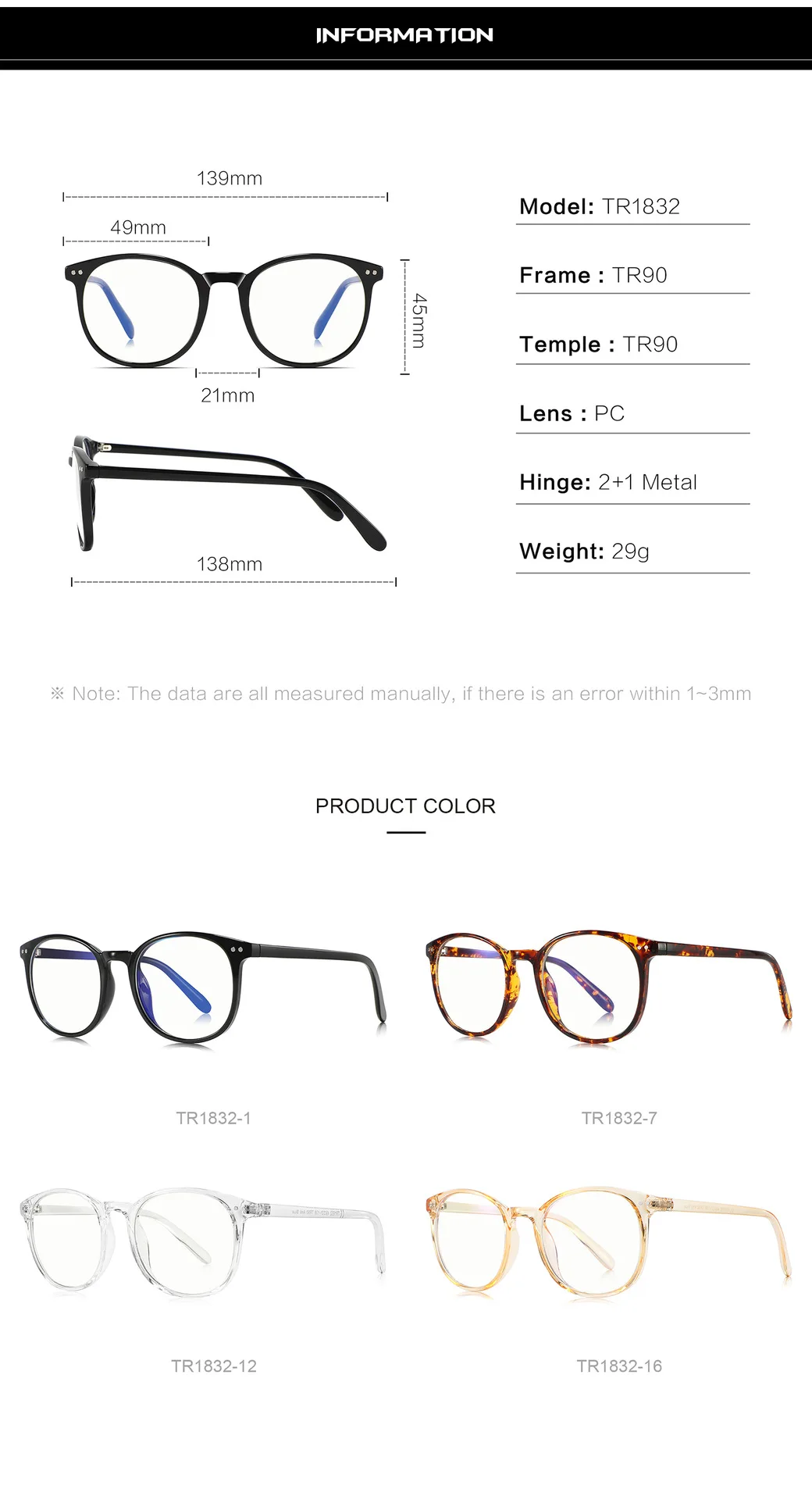 BEMORE Transparent TR90 Square Woman Reading Glasses Anti-Blue Light Optical Lenses with Recipe Be Customizable Prescription